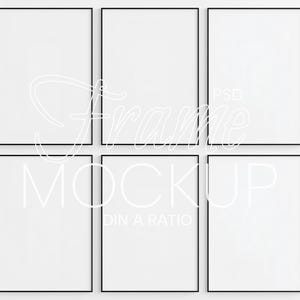 May include: A mockup featuring six rectangular black framed art prints arranged in a grid on a white wall. The frames are empty, providing space for artwork or designs. The words "Frame Mockup in a Ratio" are visible.
