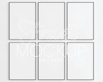 6 Vertical Black Frame Mockup DIN A ratio | Frame Wall Art Mockup PSD |  Thin Black Mockup Frame | Print Frame Mockup | Six Wall Art Mockup