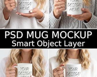 Mug Mockup Bundle, 6 Blank 11 oz White Coffee Mug Mockups, Psd Mug Mockup, PSD Smart Object Layers