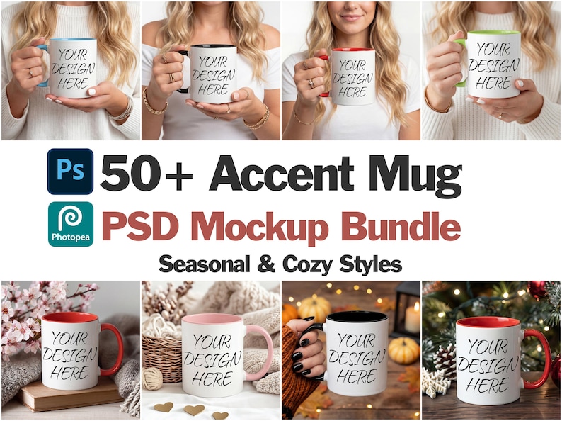 50+ 11-oz-Tassen-Mockups (PSD-Bundle), Tassen-Mockups mit schwarzem Henkel, Tassen-Mockups mit gelbem Henkel (PSD), Tassen-Mockups mit blauem Henkel (PSD-Smart-Objekt-Ebenen) Bild 1