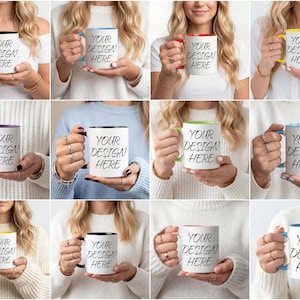 K&ouml;nnte beinhalten: Wei&szlig;e Keramikbecher mit farbigen Innenr&auml;umen und Henkeln in Schwarz, Blau, Rot, Gelb, Gr&uuml;n und Lila. Jeder Becher zeigt den Text "YOUR DESIGN HERE" in Schwarz, was eine anpassbare Designfl&auml;che f&uuml;r personalisierte Geschenke bietet.