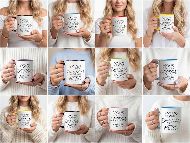 K&ouml;nnte beinhalten: Wei&szlig;e Keramikbecher mit farbigen Innenr&auml;umen und Henkeln in Schwarz, Blau, Rot, Gelb, Gr&uuml;n und Lila. Jeder Becher zeigt den Text "YOUR DESIGN HERE" in Schwarz, was eine anpassbare Designfl&auml;che f&uuml;r personalisierte Geschenke bietet.
