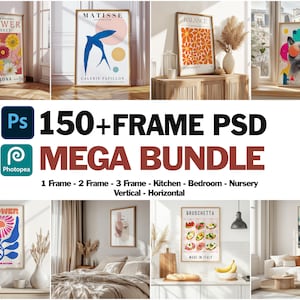 Pacote com mais de 150 mockups de molduras em PSD | Mais de 150 mockups de molduras de parede verticais e horizontais | Pacote de mockups de molduras em PSD | Pacote de mockups de molduras em PSD