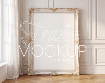Vertical Frame Mockup, DIN A Ratio Vintage Gold Frame Poster Mockup, Photoshop Photopea PSD for Artwork and Prints Minimalistic Frame Mockup