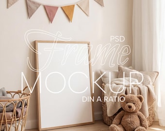 Nursery Frame Mockup, DIN A Frame Mock Up, Vertical Wood Poster Mockup DIN A ratio PSD for Boy Girl, Playroom Kids Room Frame Mockup