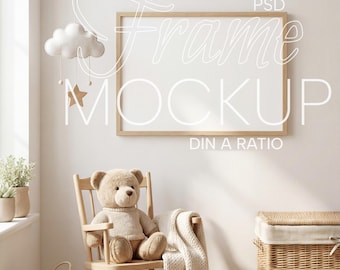 Nursery Frame Mockup, Poster Mock Up DIN A ratio PSD, Horizontal Wood Poster Mockup, DIN A Children Frame Mock Up, Playroom Kids Room Frame