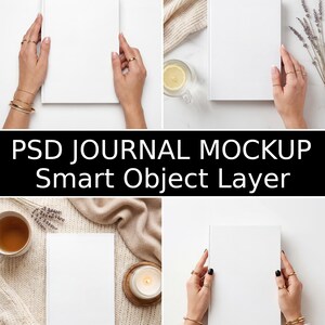 May include: A blank white journal mockup featuring a clean, rectangular cover. The journal is presented in four different scenes, showcasing a versatile design for digital display, with a focus on the plain, solid white surface of the book cover.