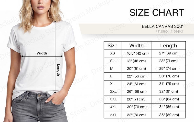 以下が含まれることがあります： 白のユニセックスTシャツとサイズチャート。チャートにはXSから5XLまでのサイズが記載されており、幅と長さの測定値はcmです。シャツはBella Canvas 3001です。