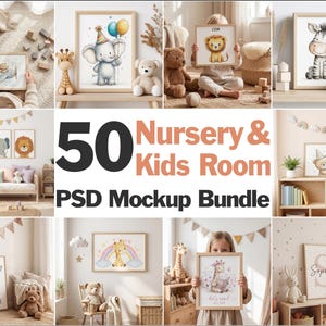 Op de afbeelding: Een verzameling ingelijste kunstafdrukken voor kinderkamers, met aquarel illustraties van dieren zoals olifanten, zebra's en giraffen. De afbeelding bevat de tekst "50 Nursery & Kids Room PSD Mockup Bundle".