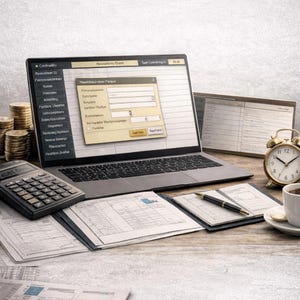 Könnte beinhalten: Ein Laptop mit einer Finanzsoftware-Oberfläche steht auf einem Holztisch, umgeben von Dokumenten, einem Taschenrechner und Münzen. Ein Wecker und eine Kaffeetasse vervollständigen die Szene, die auf einen Arbeitsplatz hindeutet.