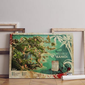 Puede incluir: Un mapa de resort de estilo vintage titulado "Welcome to Banoi" con una ilustración detallada del paisaje de la isla. El mapa presenta varios puntos de interés, palmeras y una estética desgastada. El mapa se muestra en un suelo de madera.