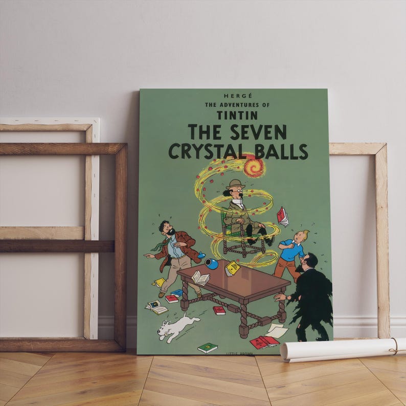 May include: A canvas print of "The Adventures of Tintin: The Seven Crystal Balls" comic book cover. The artwork features a green background with illustrations of characters, a table, and a white dog. The title is in large white letters.