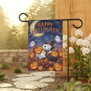 Glad Halloween trädgårdsflagga, söt tecknad hundhäxhatt i pumpafält, Jack o'Lantern spöke svart katt höst trädgårdsdekoration dubbelsidig