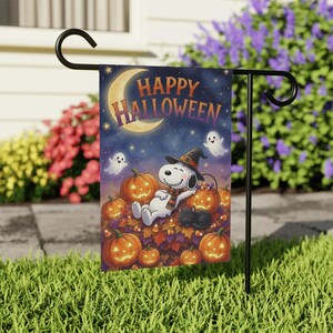 Glad Halloween trädgårdsflagga, söt tecknad hundhäxhatt i pumpafält, Jack o'Lantern spöke svart katt höst trädgårdsdekoration dubbelsidig