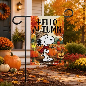Hallo Herbst! Snoopy Kürbis-Gartenflagge, Herbst-Peanuts-Beagle-Kürbisfeld-Gartenflagge, Woodstock Aquarell-Außendekorationsbanner