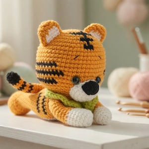 May include: A handmade crochet tiger toy in orange with black stripes, white paws, and a black nose. The tiger wears a green scarf and has a black and white striped tail. The toy is lying on a white surface, with yarn and crochet hooks in the background.