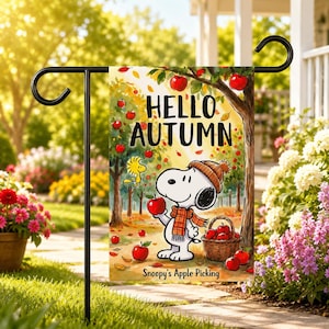 Hello Autumn Snoopy Apple Picking Garden Flag, Fall Peanuts Beagle Orchard Yard Flag, Woodstock Watercolor Autumn Outdoor Decor Banner
