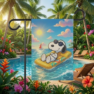 Vitamin Sea Garden Flag, Cute Cartoon Dog Drifting on Pool Float in Sunglasses, Sunny Ocean Sailboat Yard Decor, Dog Lover Gift