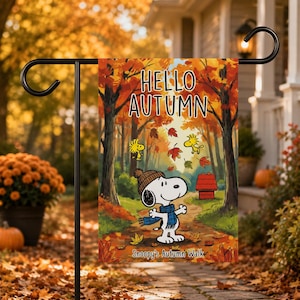 Hello Autumn Snoopy Autumn Walk Garden Flag, Fall Peanuts Beagle Forest Yard Flag, Woodstock Falling Leaves Watercolor Outdoor Banner