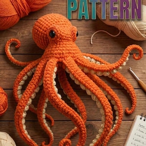 Jätte-bläckfisk-amigurumi-virkmönster i PDF-format, virkad plyschleksak med havsdjur, DIY-docka med havsvarelse, virkad heminredning