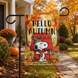 Hallo Herbst! Snoopy begrüßt den Herbst! Gartenflagge, Peanuts Beagle Hundehütten-Gartenflagge, Woodstock Kürbis Aquarell-Außendekorationsbanner