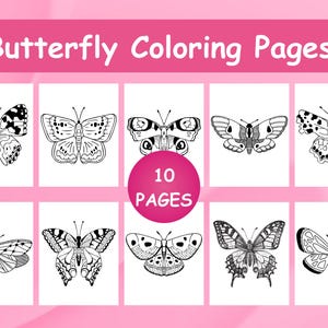 Puede incluir: Una colección de diez páginas para colorear de mariposas. Cada página presenta un diseño de mariposa diferente en blanco y negro. El título "Butterfly Coloring Pages" se muestra en la parte superior.