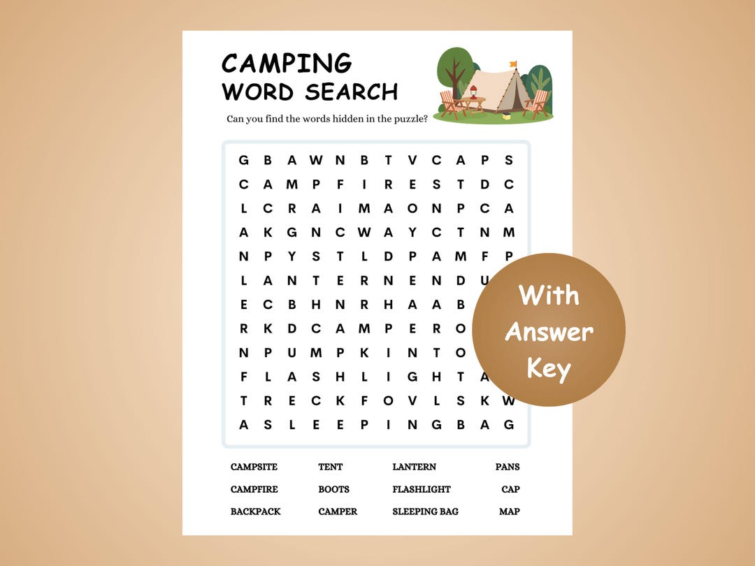 Camping Word Search Puzzle Game. Crossword Puzzle, Kids Activities, PDF ...
