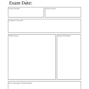 K&ouml;nnte beinhalten: Ein wei&szlig;er Studienplaner mit dem Text "Course/Exam: Exam Date:" oben. Darunter befinden sich beschriftete Abschnitte f&uuml;r "Exam Details", "Focus Areas", "Content Covered", "Weak Areas", "Study Priorities" und "Key Concepts To Remember".