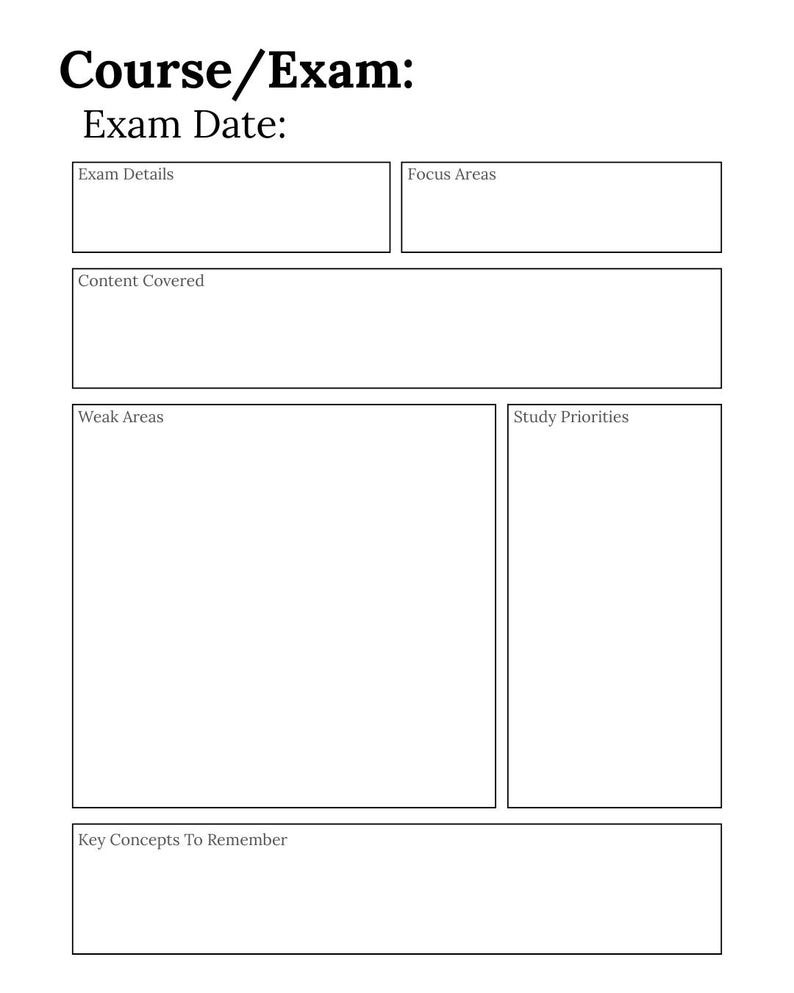 K&ouml;nnte beinhalten: Ein wei&szlig;er Studienplaner mit dem Text "Course/Exam: Exam Date:" oben. Darunter befinden sich beschriftete Abschnitte f&uuml;r "Exam Details", "Focus Areas", "Content Covered", "Weak Areas", "Study Priorities" und "Key Concepts To Remember".