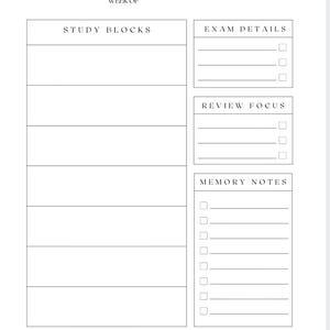 K&ouml;nnte beinhalten: Ein wei&szlig;er Examenswochen-Studienplaner mit Abschnitten f&uuml;r Studienbl&ouml;cke, Examensdetails, &Uuml;berpr&uuml;fungsschwerpunkt, Notizen und Schl&uuml;sselkonzepte. Der Text "EXAM WEEK STUDY PLANNER" steht oben.