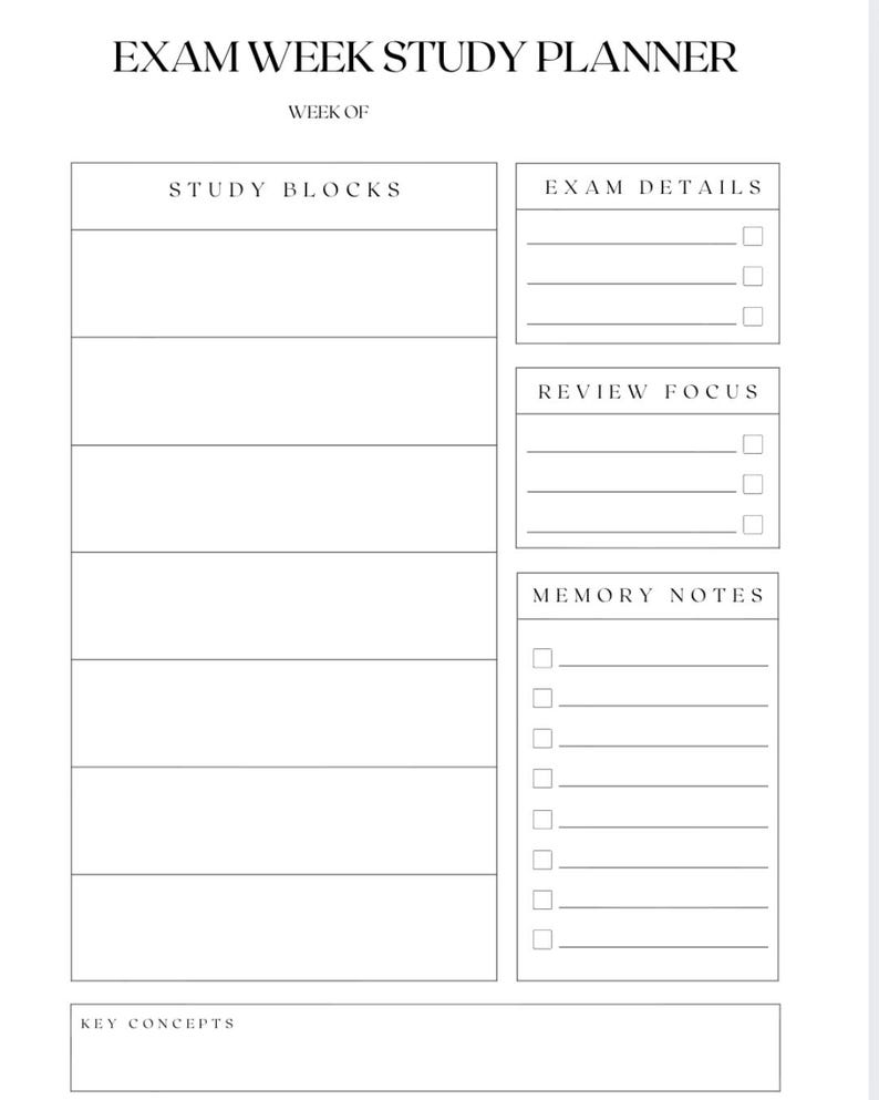 K&ouml;nnte beinhalten: Ein wei&szlig;er Examenswochen-Studienplaner mit Abschnitten f&uuml;r Studienbl&ouml;cke, Examensdetails, &Uuml;berpr&uuml;fungsschwerpunkt, Notizen und Schl&uuml;sselkonzepte. Der Text "EXAM WEEK STUDY PLANNER" steht oben.