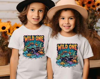 Wild One Dinosaur Monster Truck Birthday Shirt, Toddler Boy Dino Party Tee