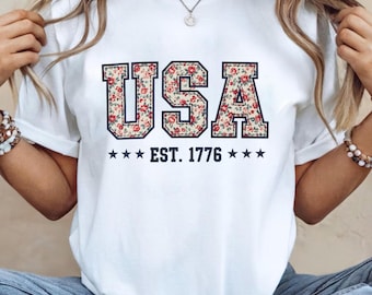 Floral USA T-Shirt, Vintage 1776 Patriotic Graphic Tee, Retro America Top