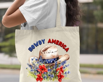 Patriotic Cowboy Hat Tote Bag, Floral Americana Canvas Bag, 4th of July Western Style