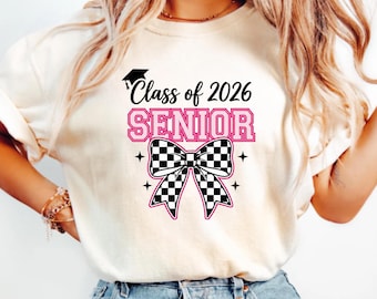 Class of 2026 Senior Shirt, Checkered Bow Graduation Tee, Coquette High School Apparel