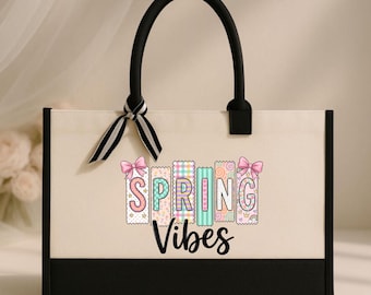 Spring Vibes Canvas Tote Bag, Floral Pastel Market Shopper