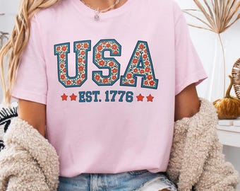 Retro Floral USA Graphic T-Shirt, Independence Day Patriotic Tee