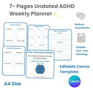 Planejador semanal sem data para TDAH, Kit de ferramentas para funções executivas, Saúde mental minimalista (Modelo do Canva)