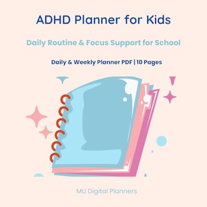 Puede incluir: Ilustración de una agenda para niños con TDAH. La agenda es de color azul claro con encuadernación en espiral roja y páginas rosas. El texto de la imagen dice "ADHD Planner for Kids" y "Daily Routine & Focus Support for School". La agenda es un PDF de 10 páginas.