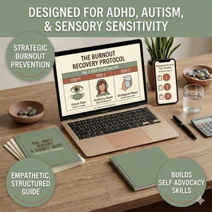 May include: A laptop, smartphone, and notebooks are arranged on a wooden desk. The laptop displays "The Burnout Recovery Protocol" with a 3-step reset matrix. The smartphone shows an "Emergency Sensory Fast Checklist". The text reads "Designed for ADHD, Autism, & Sensory Sensitivity".