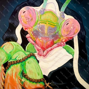 May include: A vibrant painting depicts a praying mantis in a nun's habit, with a rosary and cross. The insect's large eyes are pink, and its body is a mix of green, yellow, and red. The background is a dark blue, creating a striking contrast.