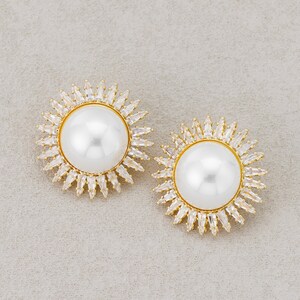 Launch Promo:  Gold PVD Stainless Steel Shell Pearl Clear CZ Sunburst Stud Earring