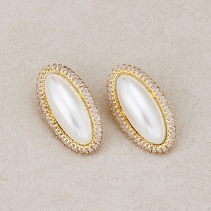 Launch Promo:  Gold PVD Stainless Steel Shell Pearl Oval Bezel CZ Statement Stud Earring | Sold Each