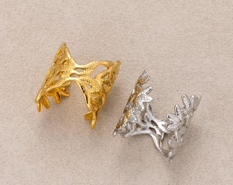 Gold PVD Stainless Steel Leaf Branch Adjustable Statement Ring