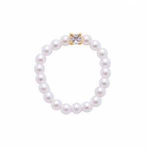 18K Gold plated Clear CZ Solitaire Shell Pearl Handmade Stretch Ring | O049