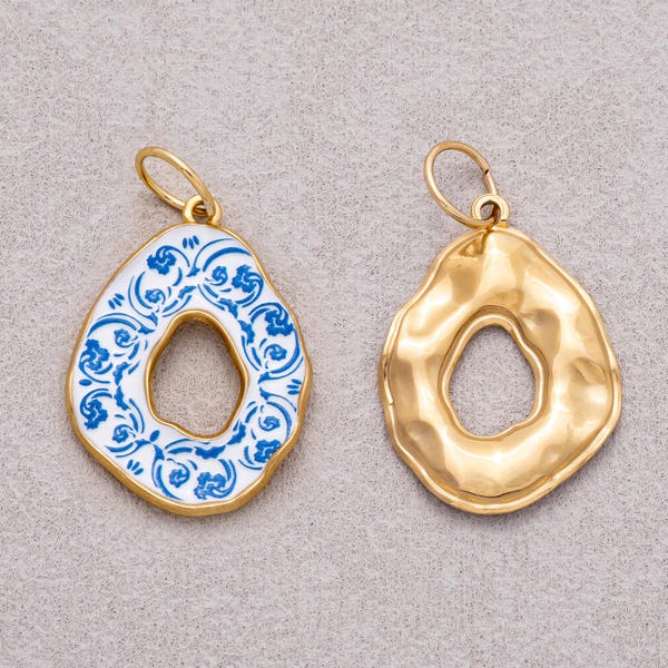 Gold PVD Stainless Steel Blue White Enamel Donut Floral Charm