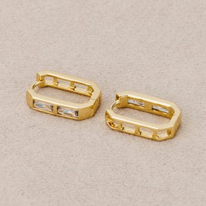 14K Gold Plated Baguette CZ Open Rectangular Huggie Hoop Earrings