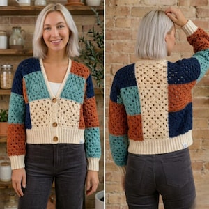 May include: A patchwork crochet cardigan in a variety of colors, including teal, navy, rust, and cream. The cropped sweater features a V-neck, button closure, and ribbed cuffs and hem. The open stitch design adds a unique texture to this handmade garment.
