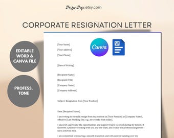 Corporate Resignation Letter • Editable on Canva & Word • Easily Printable