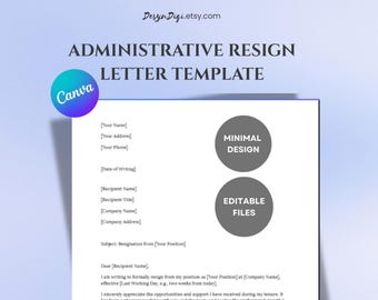 Administrative Resign Letter • Simple Editable Format • Canva & Word files • Minimal Design